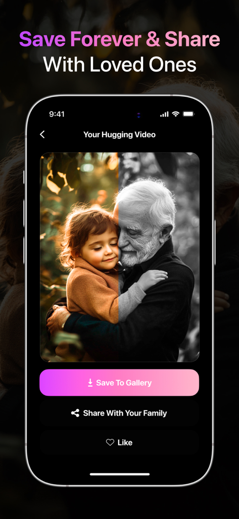 Hug AI app interface showing an AI generated video of a grandfather hugging a young girl with options to save to gallery and share with family
