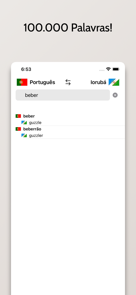 Dicionário Iorubá-Português - Interfaz de búsqueda para la aplicación de diccionario yoruba-portugués que muestra los resultados de traducción
