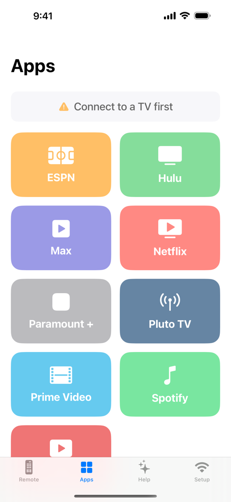 EasyTV - Samsung Remote - SamsungテレビリモコンアプリでNetflixやHuluなどのストリーミングアプリの大きなカラフルなボタンを示すインターフェース。