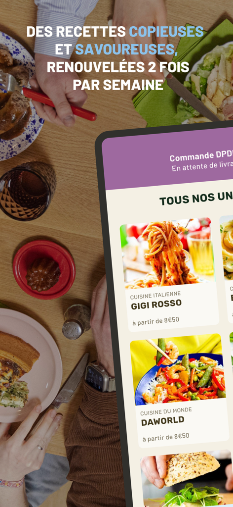 Interface de l'application Refectory montrant diverses options de déjeuner comme des pâtes italiennes et des bols de cuisine du monde pour la livraison au bureau