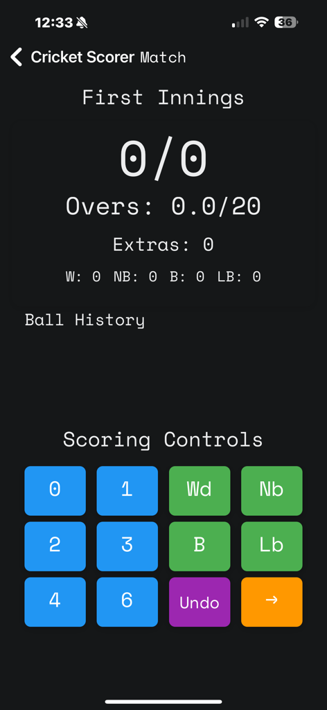 Gully Cricket Scorer - Benutzeroberfläche der Gully Cricket Scorer App mit Spielstatistiken und farbcodierten Scoring-Steuerelementen