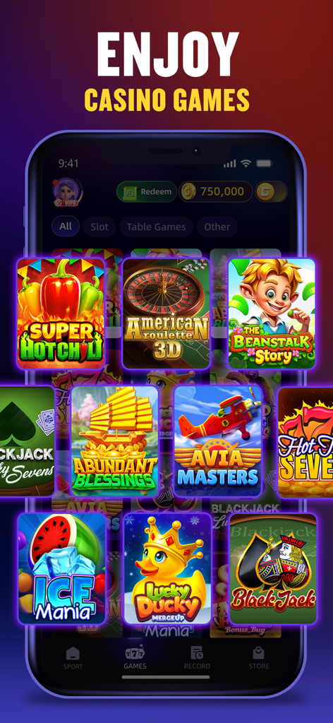 Gwin: Sportsbook For Cash &Fun - Mobile app screen for Gwin displaying various social casino game icons including slots and roulette