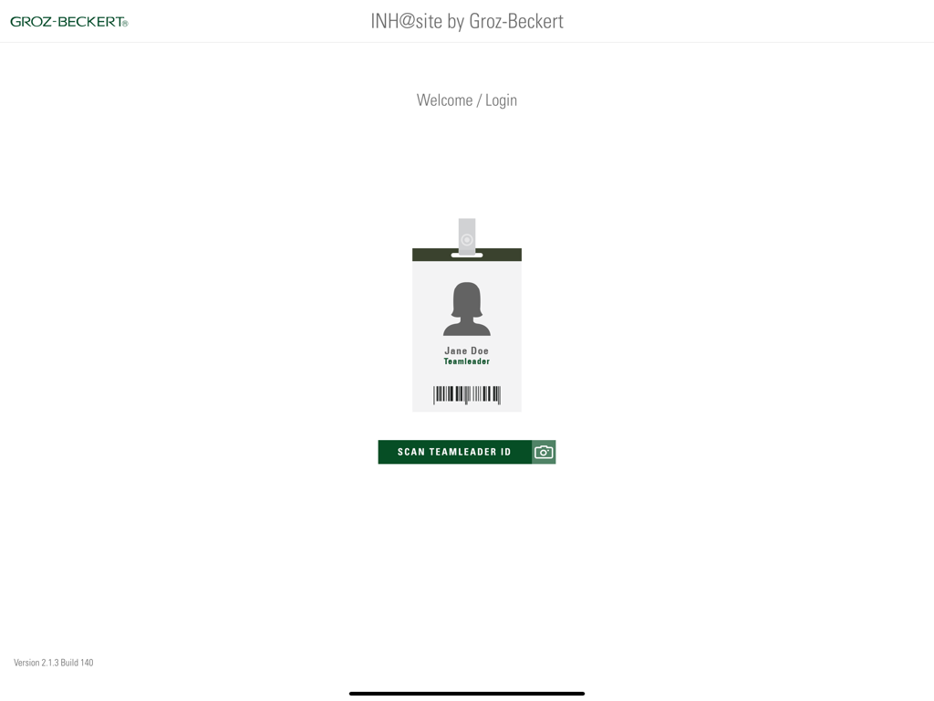 INH@Site 2.0 - INH Site 2.0 앱 로그인 화면, 팀 리더 ID 카드 스캔 버튼 표시