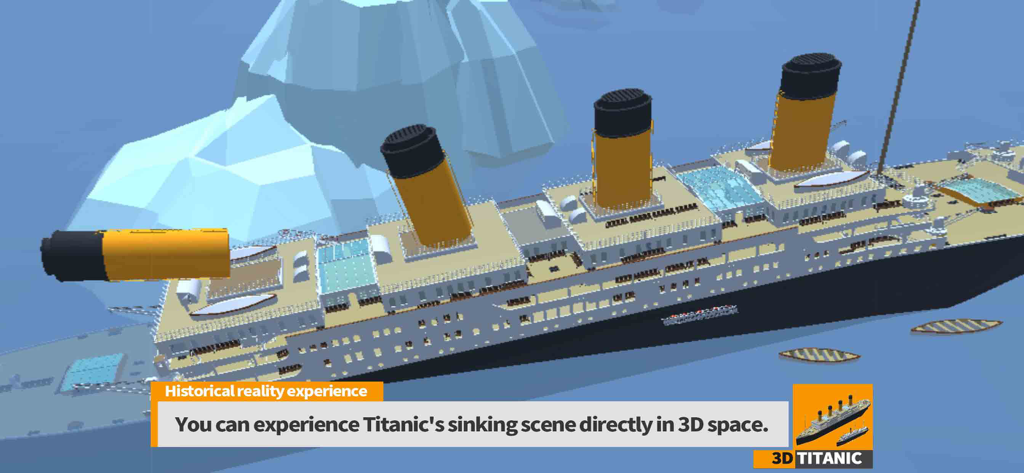 Simulation 3D du naufrage du Titanic à côté d'un iceberg