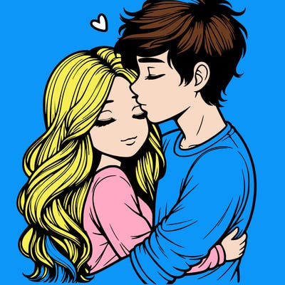 a realistic couple boy and girl hugging and kissing