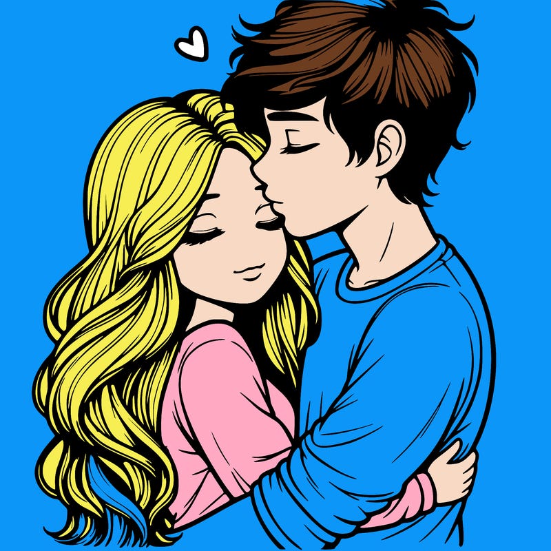 a realistic couple boy and girl hugging and kissing