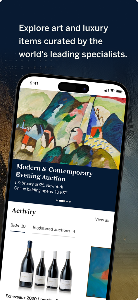 Sotheby's - 전문가가 큐레이팅한 현대 미술 경매와 럭셔리 아이템을 보여주는 아이폰의 소더비 앱 화면