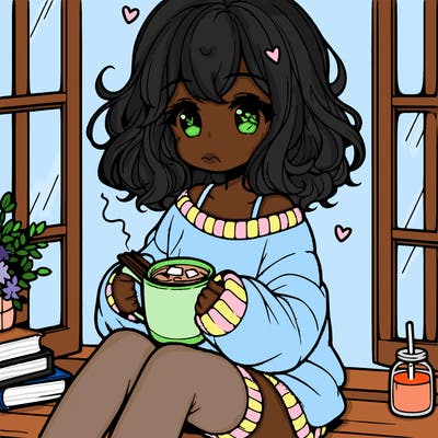 cute anime girl reading book and drinking hot chocolate from mug with loose wavy hair wearing a baggy sweatshirt and shorts sitting by windowsill looking out