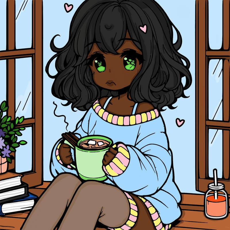 cute anime girl reading book and drinking hot chocolate from mug with loose wavy hair wearing a baggy sweatshirt and shorts sitting by windowsill looking out