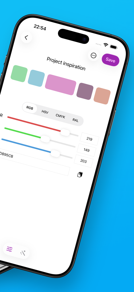 Interface do aplicativo Color Harmony mostrando controles deslizantes RGB e uma paleta de cores pastel personalizada