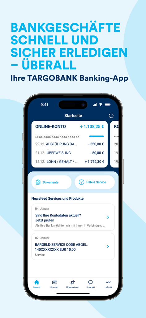TARGOBANK Banking - TARGOBANK mobile banking app interface showing account balance and recent transactions on an iPhone