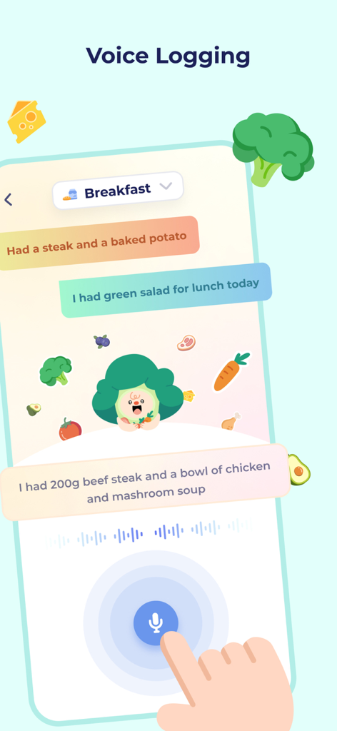 DietBuddy - AI Food Tracker - Voice logging screen in the DietBuddy app with a cute broccoli mascot and a microphone button for tracking meals