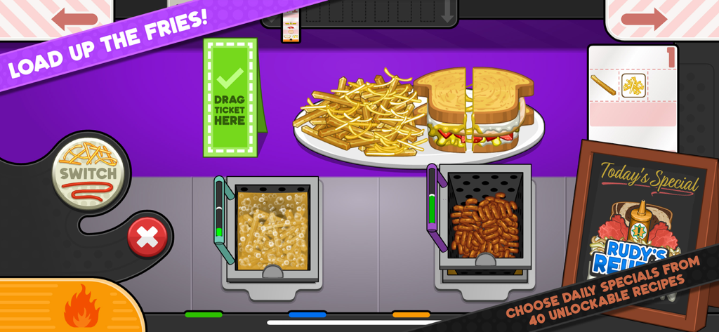 Gameplay di Papa's Cheeseria To Go che mostra un sandwich grigliato e patatine fritte in preparazione.