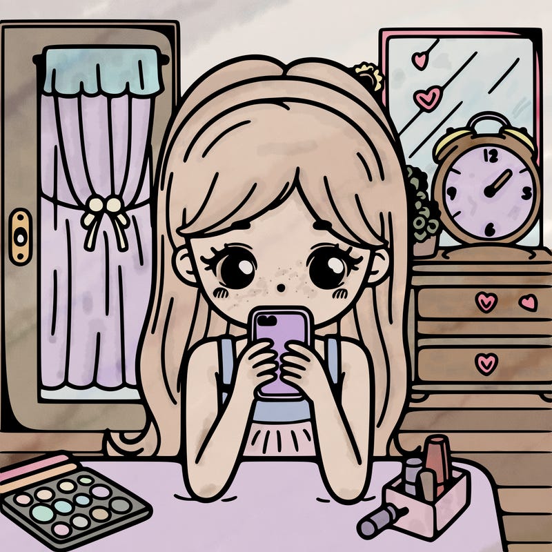 a girl in her room staring at her phone at her dressing table