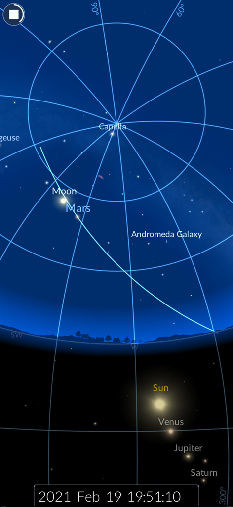 Digital sky map interface showing planets and stars in the night sky