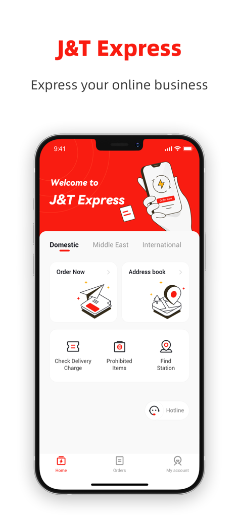 J&T Express Arab - Home screen of the J&T Express Arab mobile app showing domestic and international shipping options