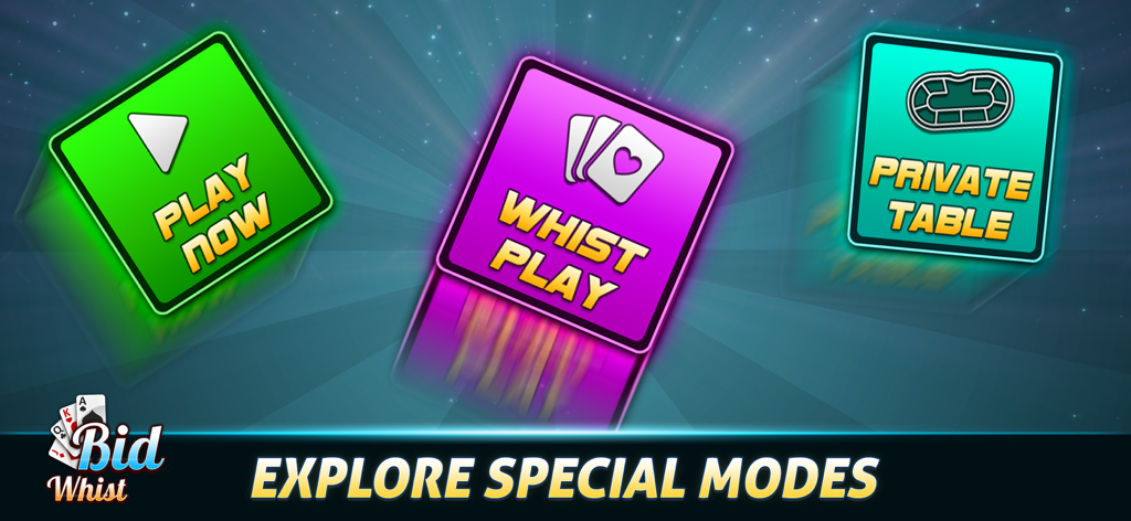 Pantalla de la aplicación móvil Bid Whist que muestra opciones para Jugar Ahora, Jugar Whist y Mesa Privada