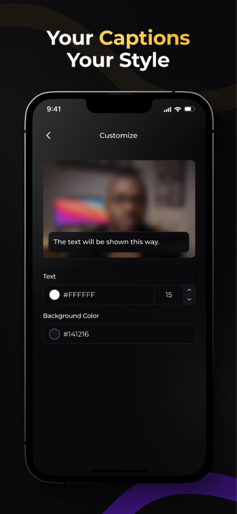 Interface for customizing live caption text color size and background style on iPhone