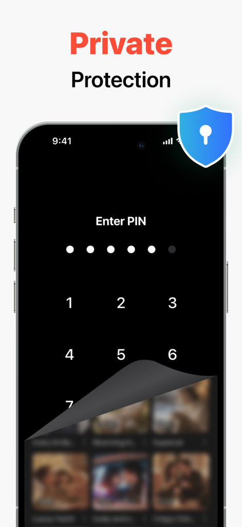 Private Video Saver - Interfaz de la aplicación de smartphone mostrando una pantalla de ingreso de PIN para protección de código de acceso en la aplicación Private Video Saver.