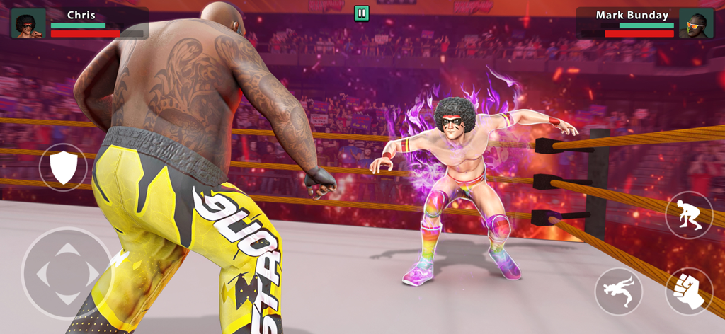 Wrestling Games : Pro Champion - A gameplay screen from Wrestling Games Pro Champion showing two wrestlers facing each other in a ring