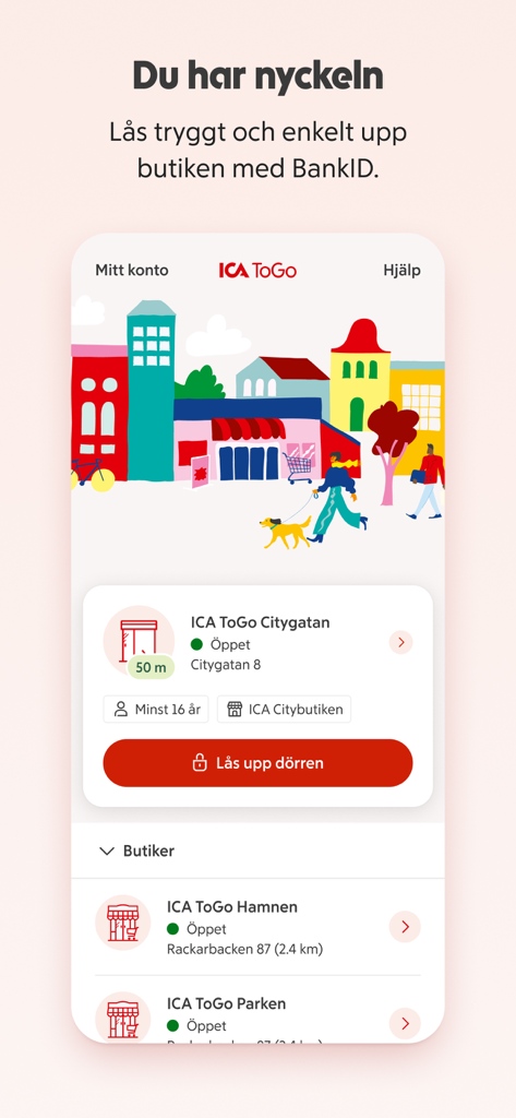 ICA ToGo - obemannad butik - ICA ToGo app interface displaying nearby unmanned stores and an unlock button