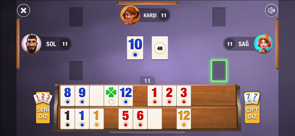 Okey Star - İnternetsiz Okey - Interfaccia di gioco di Okey Star che mostra le disposizioni delle tessere e i giocatori IA su un tavolo viola