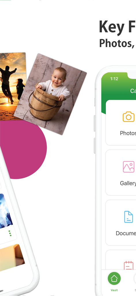 A mobile app interface for hiding private photos, videos, and documents within a secret calculator vault