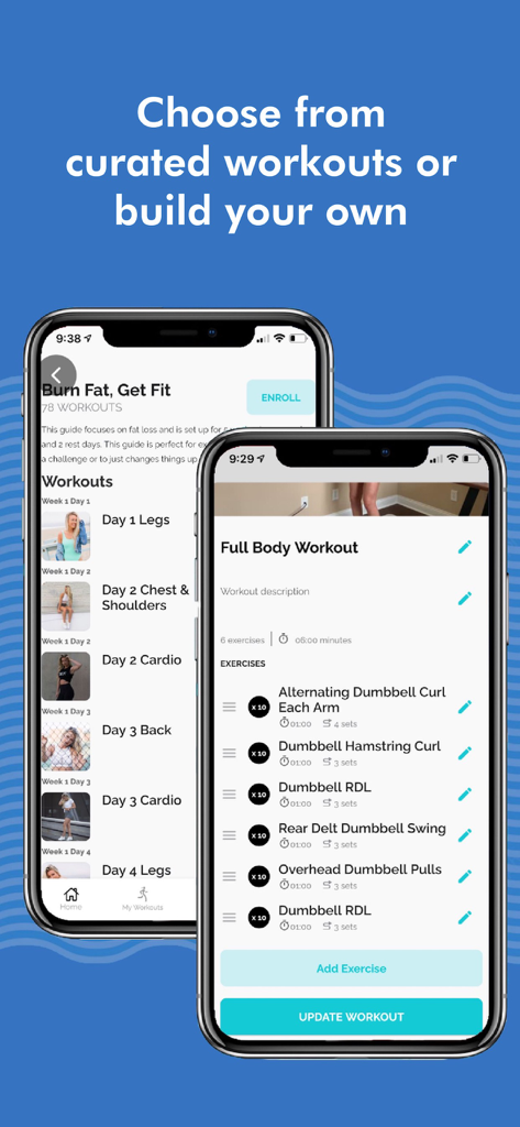 CCFIT: Cristina Capron Fitness - CCFIT mobile app interface displaying curated workout programs and a custom workout builder