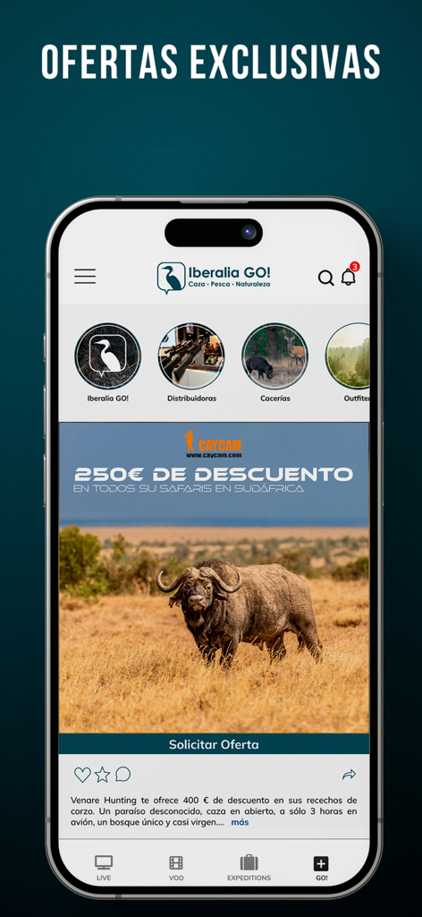 Interfaz de la app Iberalia GO mostrando descuentos exclusivos de caza de safari.