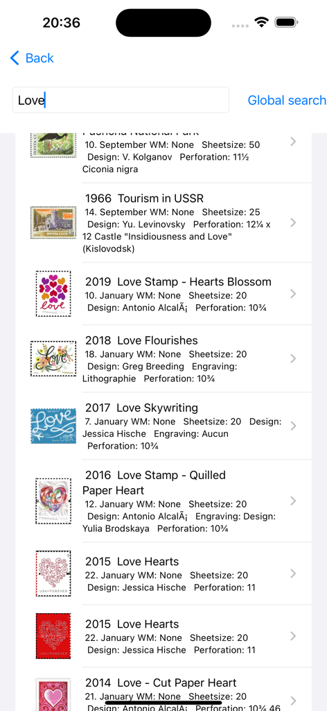 Stamp Collector: World Catalog - Search results for love themed stamps with philatelic details in the Stamp Collector app