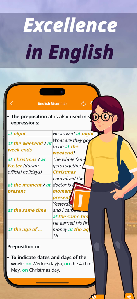 Speak English: Prepositions - A mobile app screen showing a structured English grammar lesson about prepositions with usage examples and a student illustration.