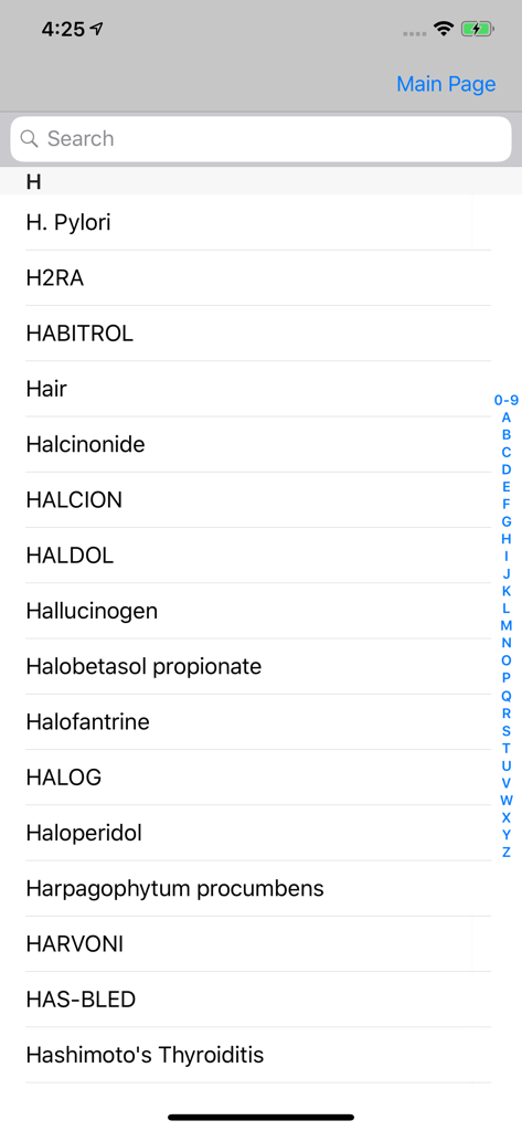Searchable alphabetical index of medications and medical topics in the RxFiles plus app
