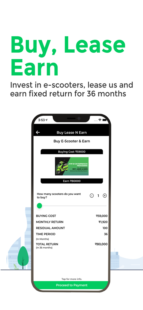 Screenshot of the Zypp Electric app showing the Buy Lease and Earn investment program for electric scooters