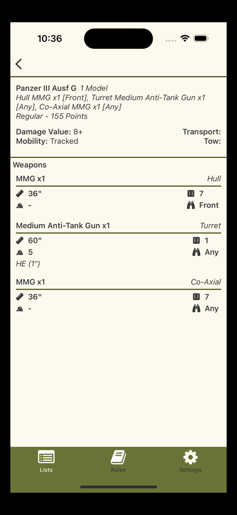 2nd In Command: Bolt Action - 2nd In CommandアプリのPanzer III Ausf G戦車の詳細なユニット能力値と武器ルール