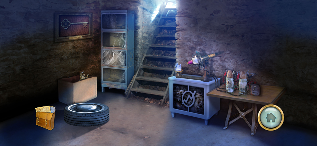 Uma cena de porão pintada à mão apresentando equipamentos científicos misteriosos e quebra-cabeças em Retorne a Grisly Manor.