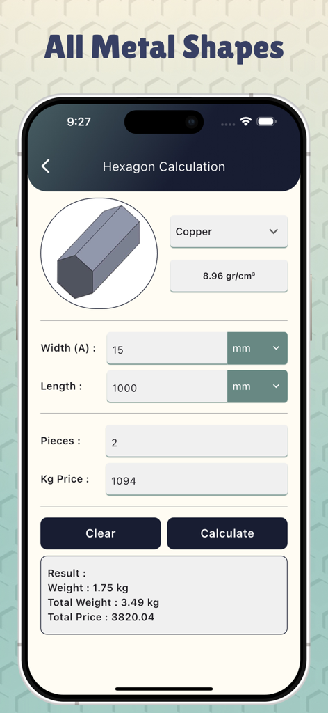 Metal Weight Calculators - Metal weight calculator app showing calculation for copper hexagonal bars with dimensions and price