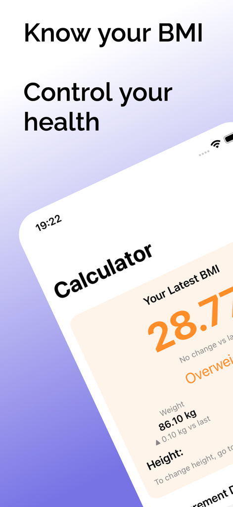 BMI Calculator – Health Tool - Interfaz de la aplicación Calculadora de IMC que muestra una medición reciente de IMC de 28.77 categorizada como sobrepeso con detalles de seguimiento de salud