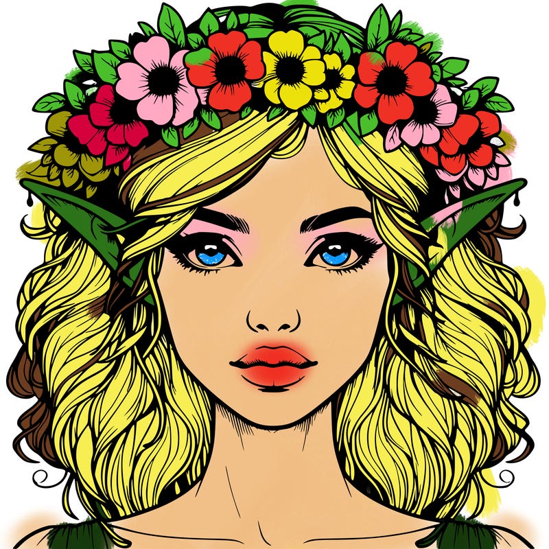 realistic female elf with flower crown