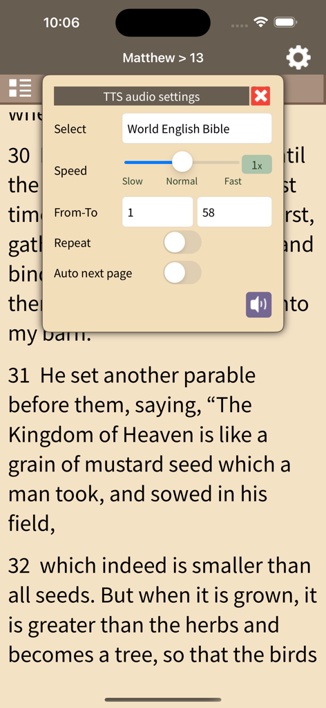 Seed Bible English Japanese - A popup window for TTS audio settings in the Seed Bible app showing playback speed and verse range controls over Matthew 13 scripture text.