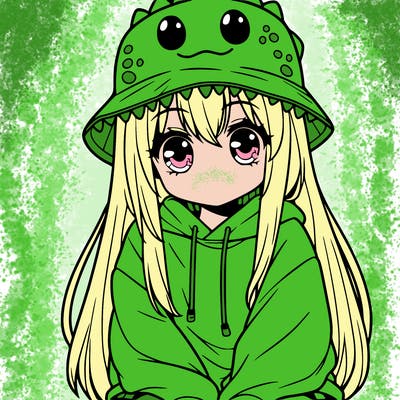 girl with anime shaped eyes with a dinosaur bucket hat oversized sweatshirt long straight hair