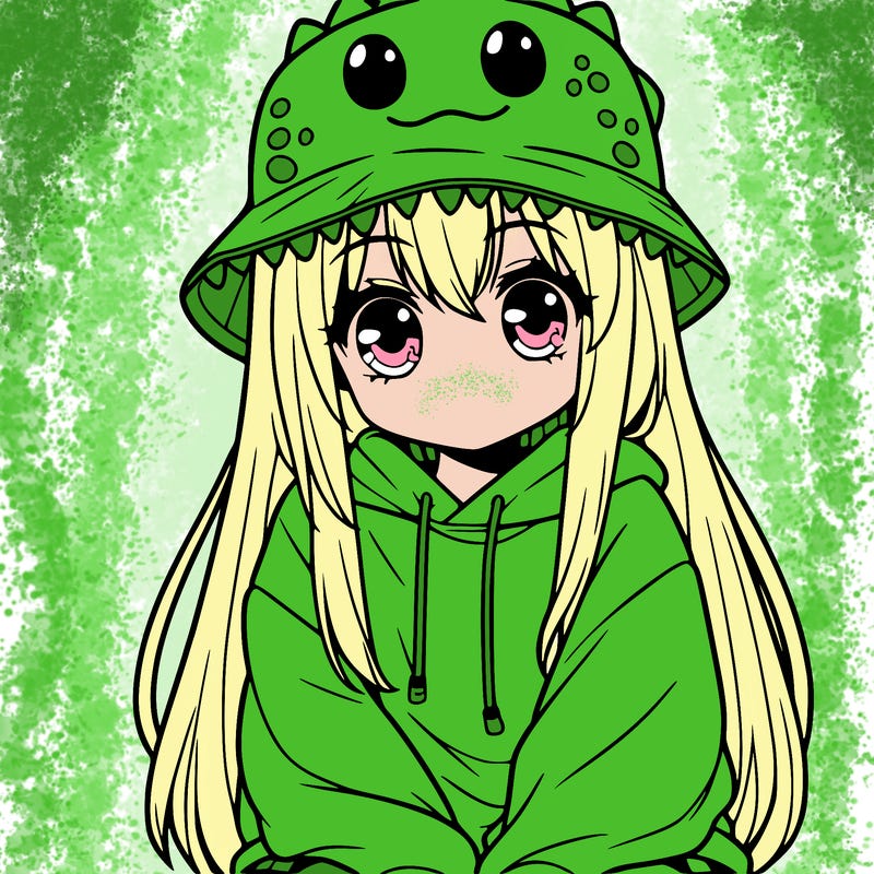 girl with anime shaped eyes with a dinosaur bucket hat oversized sweatshirt long straight hair