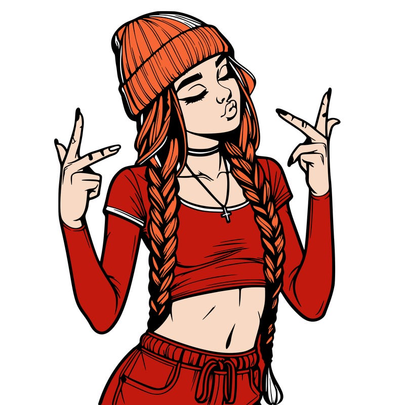 realistic teenage girl with braids and a beanie and crop top doing 🫶🏼