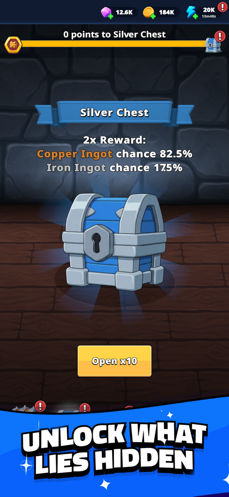 Shiba Story Go! Idle RPG Game - Pantalla del juego de un cofre de plata con probabilidades de recompensa para lingotes de cobre y hierro