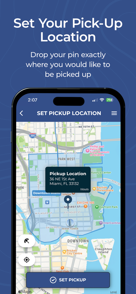 Un écran mobile de l'application Ride Freebee montrant une carte de Miami avec un repère placé pour définir un lieu de prise en charge.