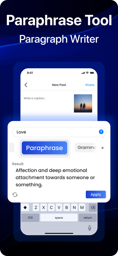 AI Keyboard : Type AI - AIキーボードアプリのインターフェース。ソーシャルメディア投稿のためにテキストを書き直す言い換えツールを示しています。