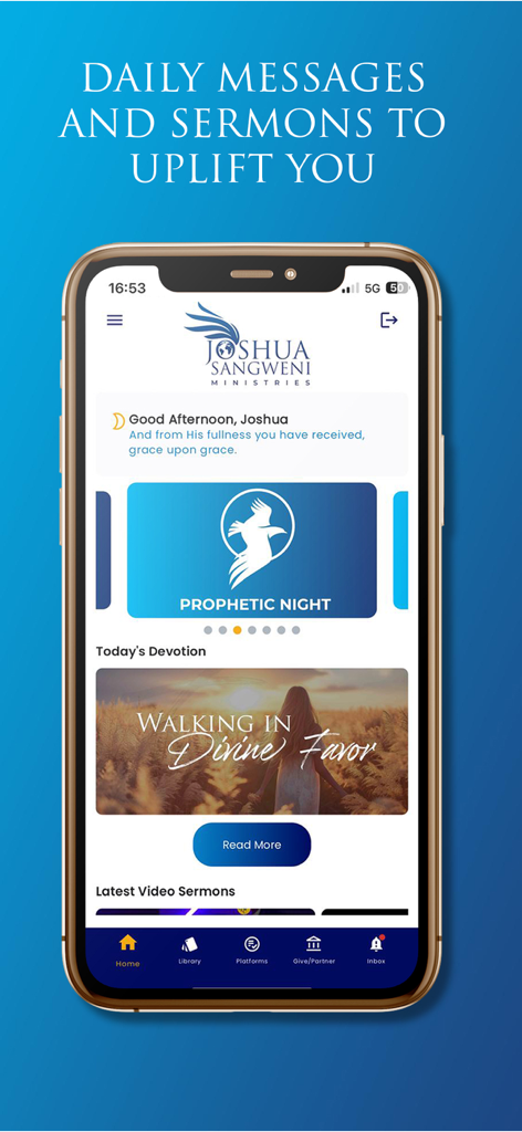 Home screen of the Joshua Sangweni Ministries app displaying daily devotions and prophetic sermons.