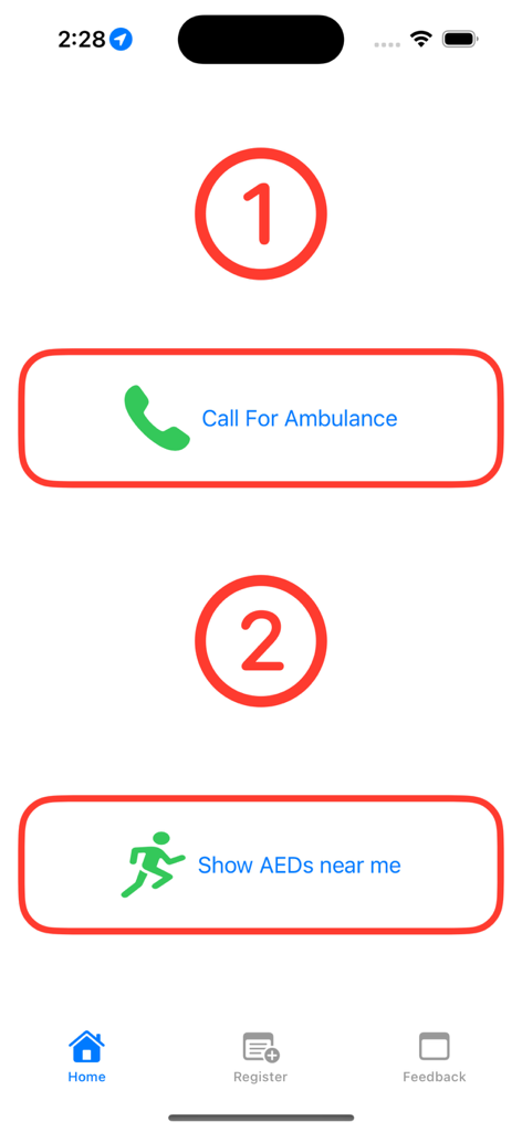AED Finder app home screen featuring buttons to call an ambulance and find nearby AED devices