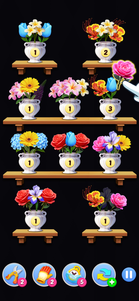 Happy Bloom Blast - Tela de jogo de quebra-cabeça de organização de flores mostrando flores vibrantes sendo organizadas em vasos brancos de cerâmica em prateleiras de madeira