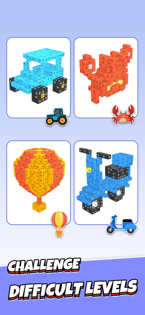 Take Away - Tap 3D Blocks Out - トラクター、カニ、熱気球、スクーターの形をした3Dブロックパズルのコレクション。