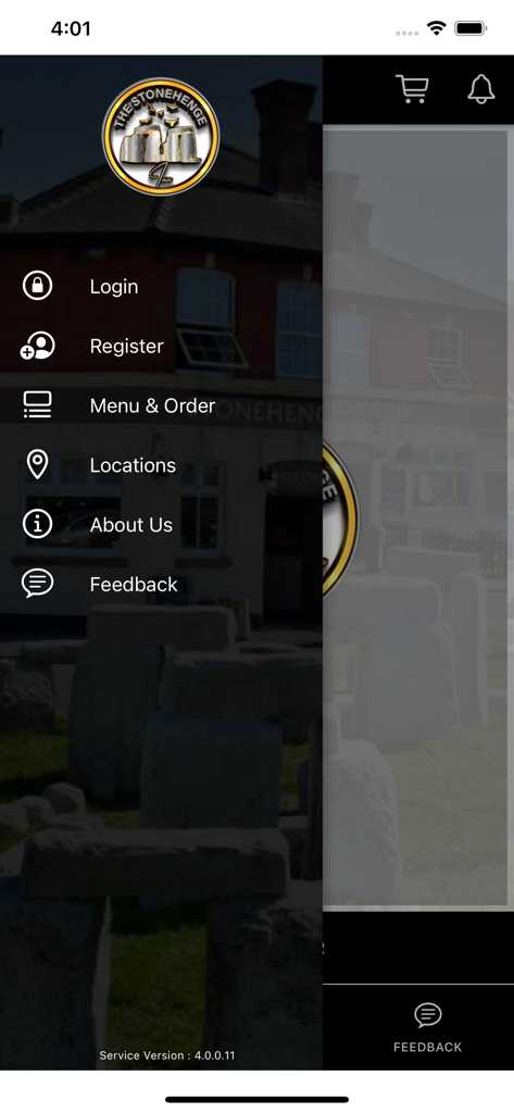 Stonehenge Inn - Sidebar navigation menu of the Stonehenge Inn mobile app showing login and food ordering options